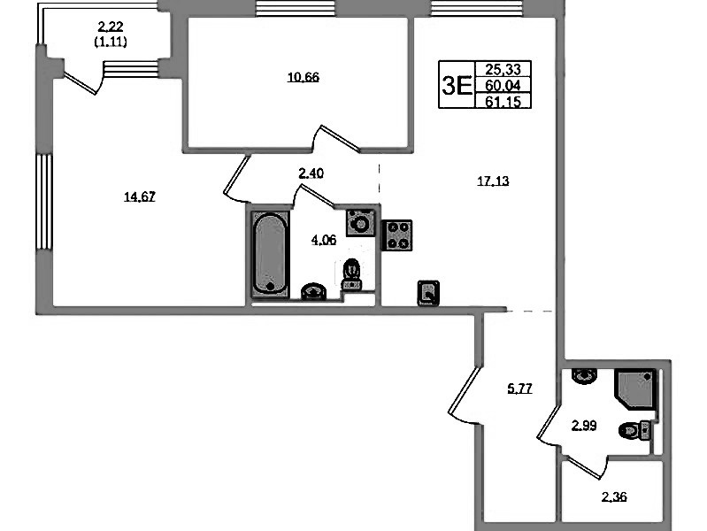 2-комнатная квартира 61.15 м², 1/12 эт., ЖК «GloraX Новоселье»